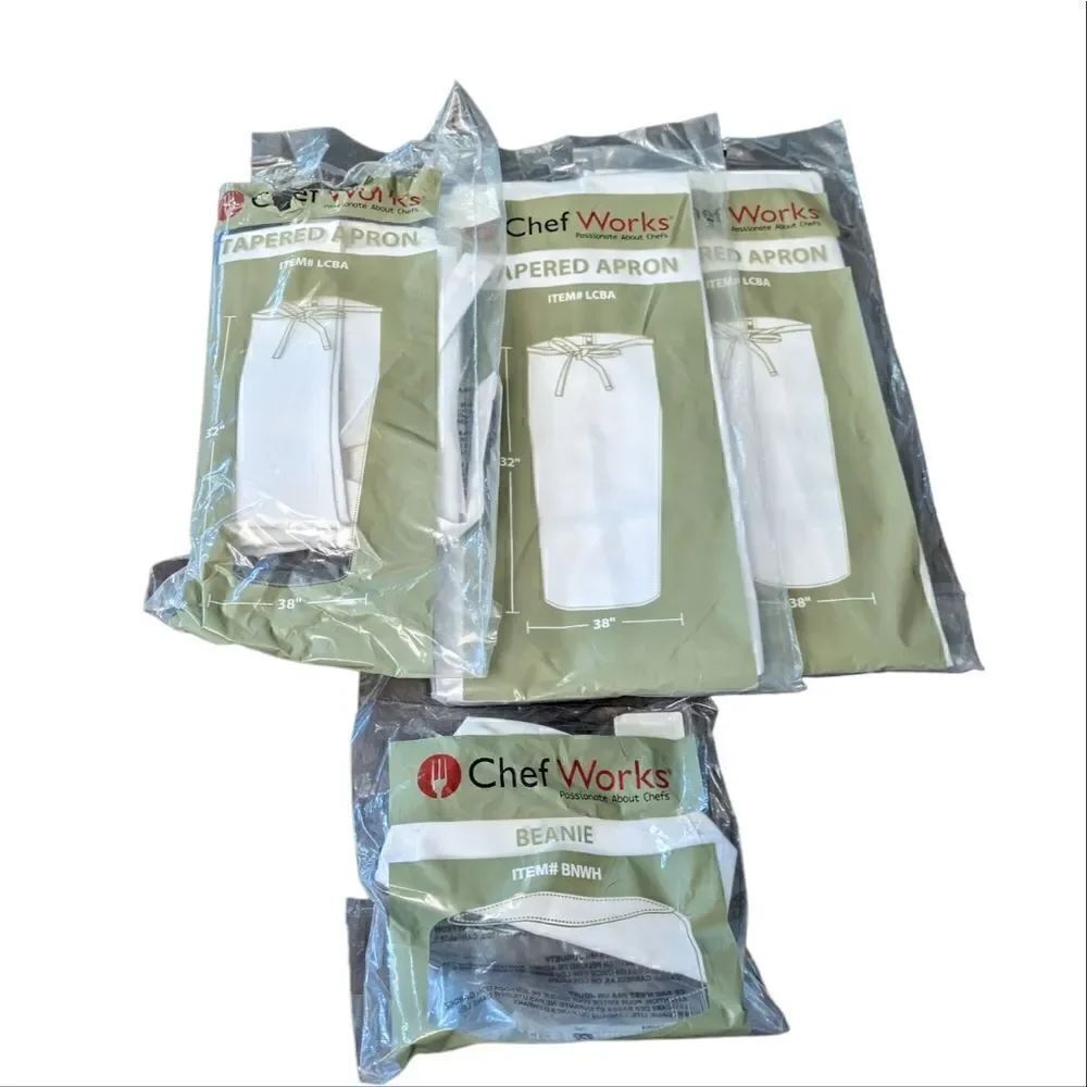 Chef Works bundle of 3 tapered aprons and 1 beanie